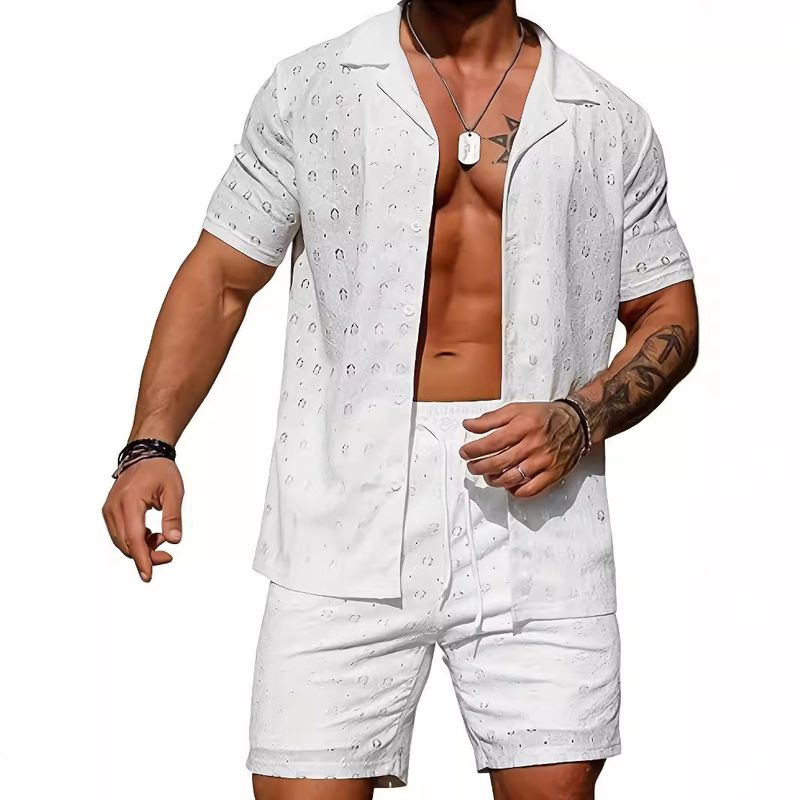 CT 2025 New Casual Men's Hollow Out Solid Color Shirt With Turn-down Collar Short Sleeve Top And Drawstring Shorts_voghion.com