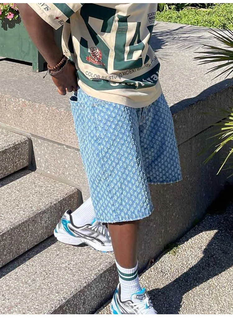 Herren Y2K Bermuda Shorts für Männer Sommer neue trendige lockere Passform gerades Bein knielange Hose blau Jacquard Baumwolle_voghion.com