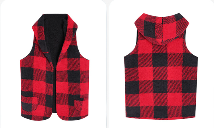 Cardigan ample à capuche sans boutons pour femmes, veste en peluche à carreaux_voghion.com