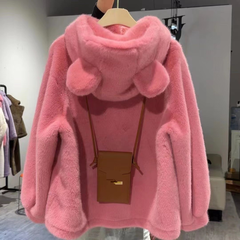 Abbigliamento donna Autunno e inverno nuovo cappotto di pelliccia di media lunghezza cappotto di velluto di visone per donna con cappuccio orecchie carine caldo e largo_voghion.com