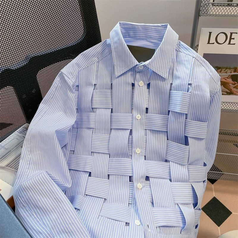 Men's Clothing Niche Chic Woven Plaid Striped Shirt Long Sleeved Top Jacket_voghion.com