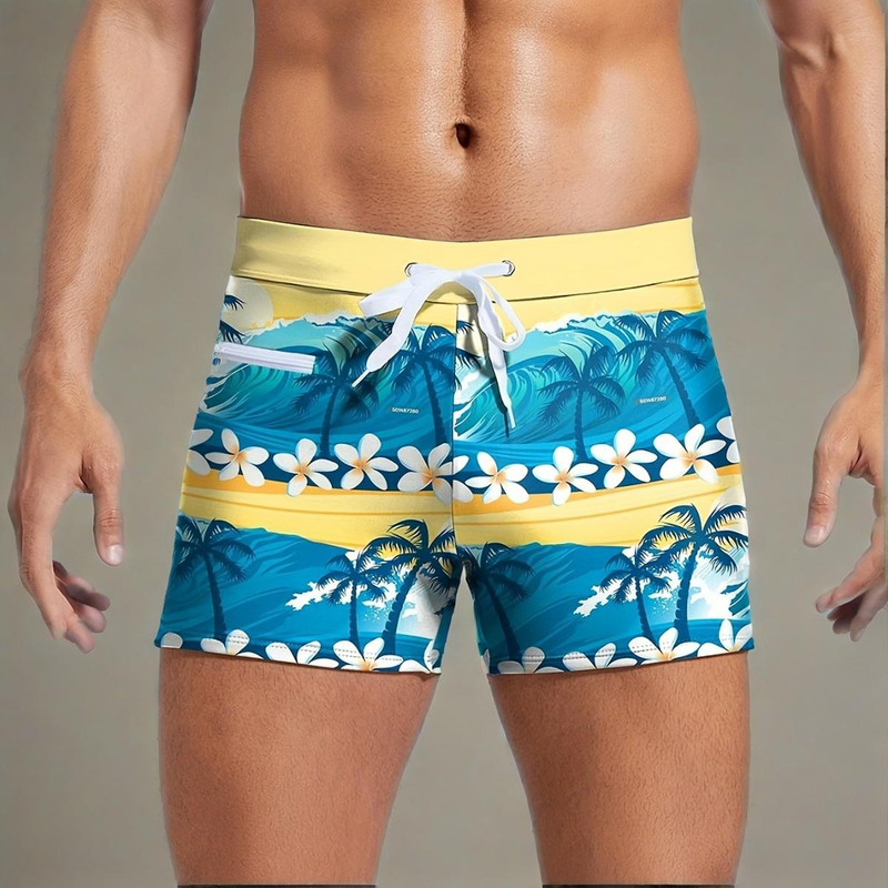 Men's Clothing New Coconut Tree Print Zipper Tether Leisure Tight Four Corner Swimming Spot_voghion.com
