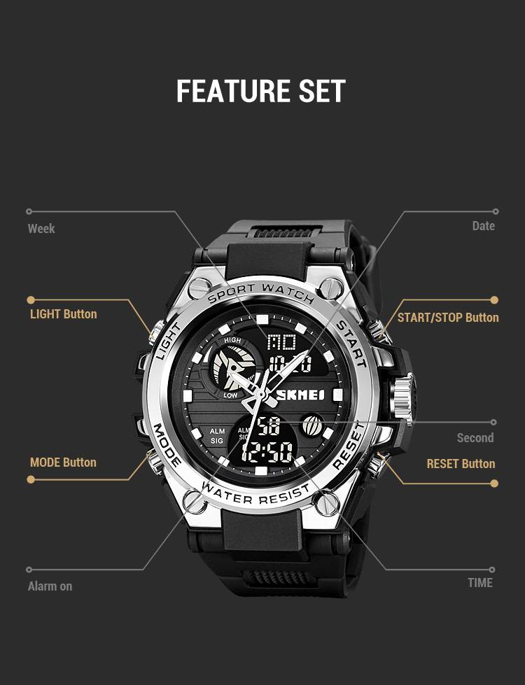 SKMEI 2031 Smart Watch: 2 Zeitzonen, Stoppuhr, Alarm, EL-Hintergrundbeleuchtung, Datumsanzeige, 50 m wasserdicht, 12/24-Stunden-Format_voghion.com
