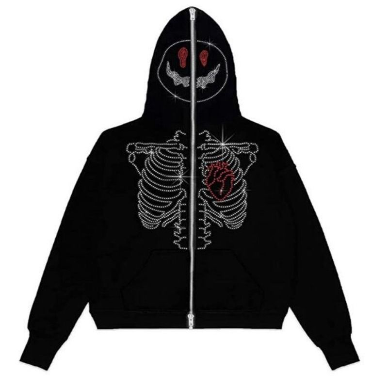 Kapuzenpullover im Gothic Dark Style mit Reißverschluss – Lustiges Sweatshirt mit Smiley-Totenkopf und heißem Diamant-Print_voghion.com