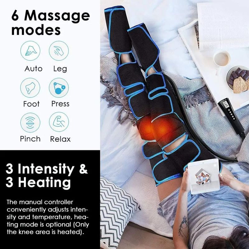 Masseur de jambes à compression d'air avec chaleur et vibrations - 3 modes, thérapie infrarouge, intensité réglable pour soulager les douleurs aux genoux et aux mollets_voghion.com