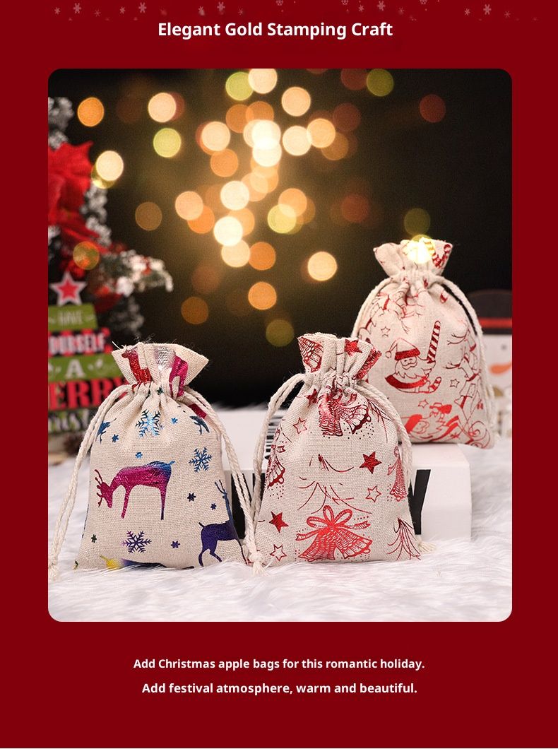 Christmas Drawstring Gift Bags Set - 24 Pack Cotton Linen Burlap Pouch With Gold Foil Print, Santa Reindeer Snowflake Star Designs_voghion.com