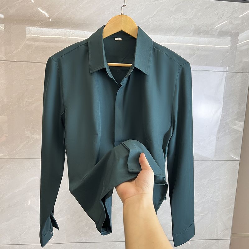 Men's Stylish Hidden Button Black Shirt - Slim Fit Lightweight Long Sleeve Casual Shirt With Smooth Drape Fabric_voghion.com