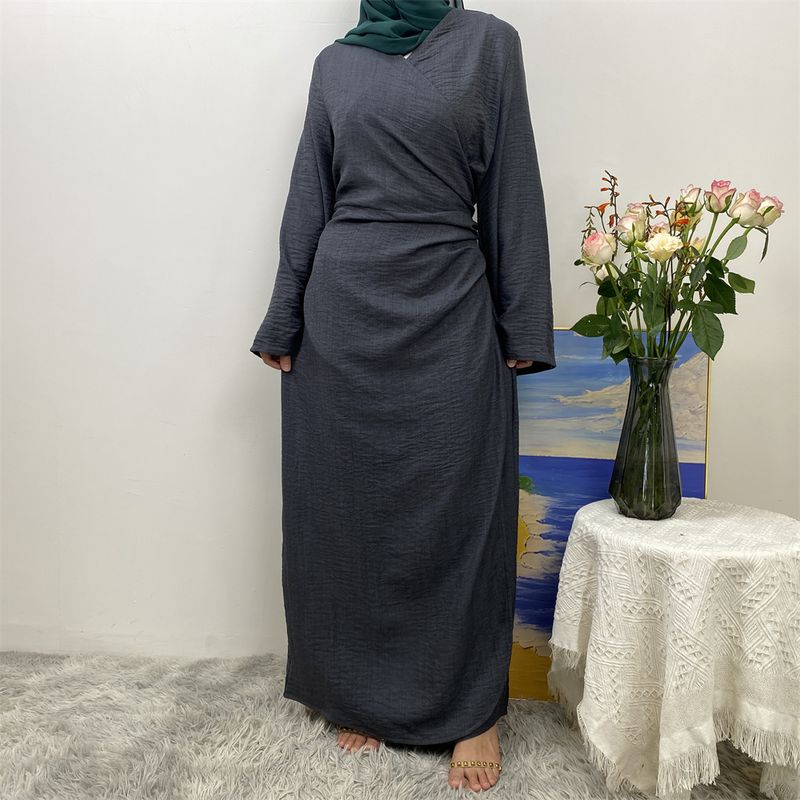 Abiti lunghi da donna in lino per le feste, abaya, musulmani, Ramadan, per l'Eid, caftano marocchino, abito nero, jalabiya, tinta unita_voghion.com