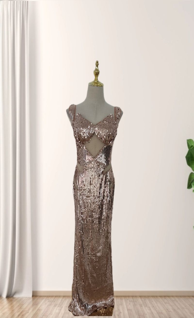 Abito da sera aderente con paillettes glamour – Abito da festa lungo fino a terra con scollo a V profondo per donna_voghion.com