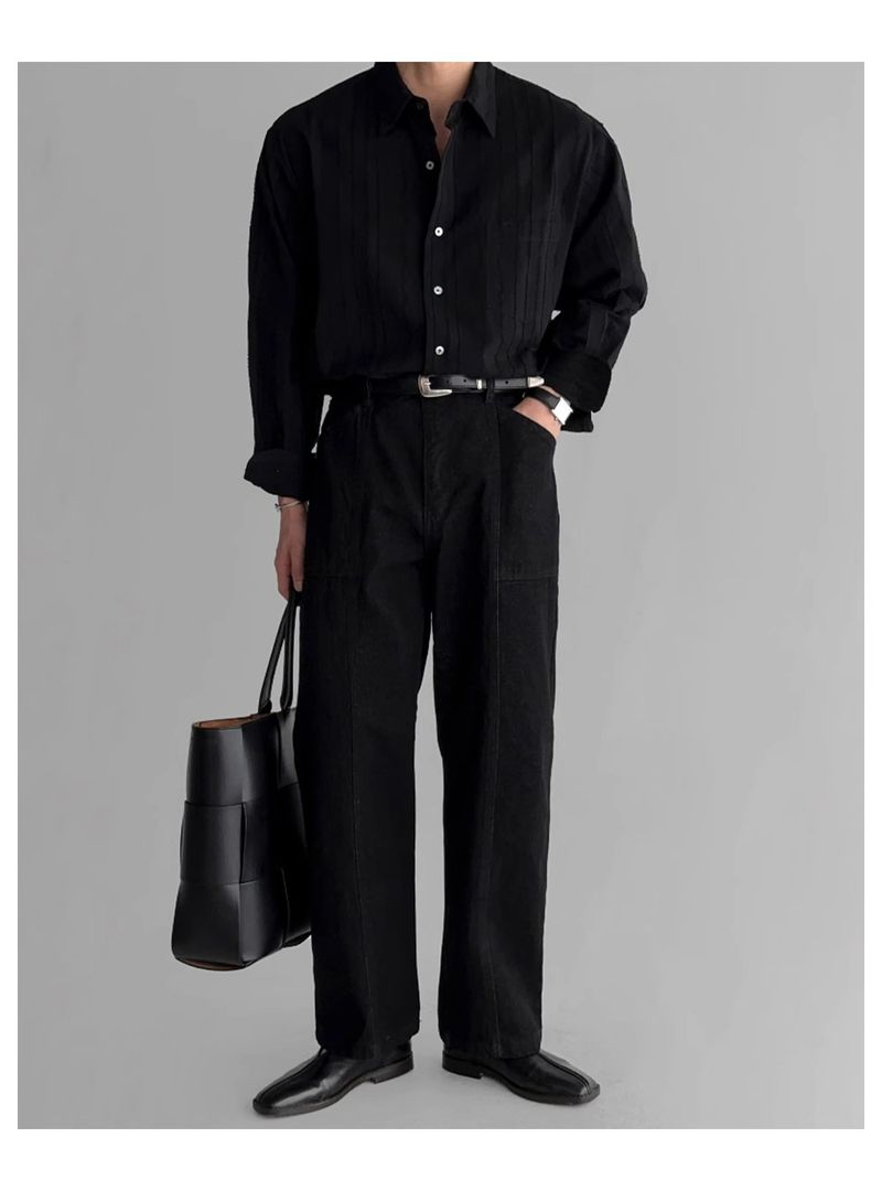 Camicia a maniche lunghe sottile con tasca in tinta unita da uomo, primavera e autunno, Dongdaemun, nuova camicia a nicchia larga strutturata di fascia alta_voghion.com