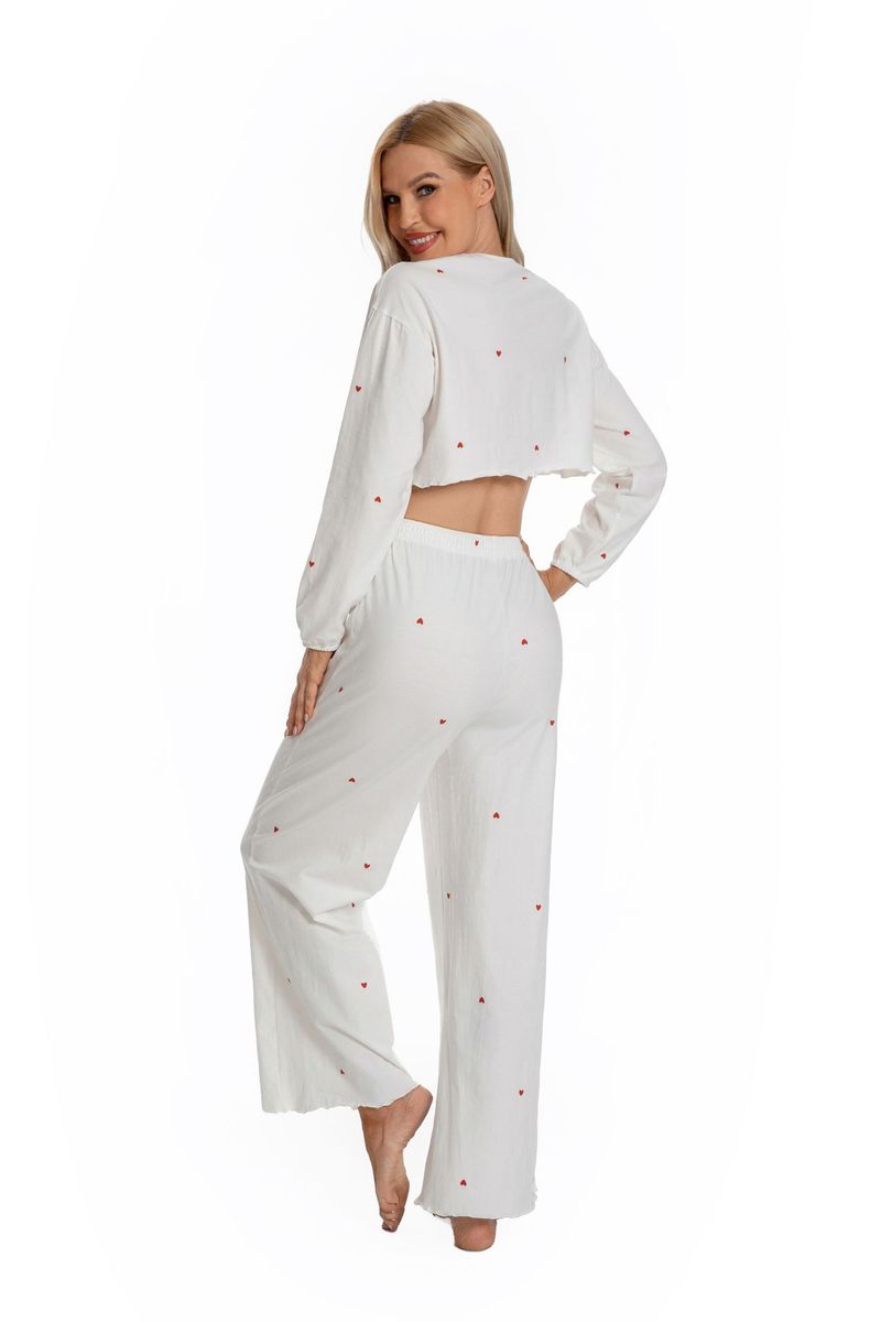 Overseas Version OZON Heart Print Crop Top Sleeve Long Pants Loose Cotton Stretch Pajamas_voghion.com