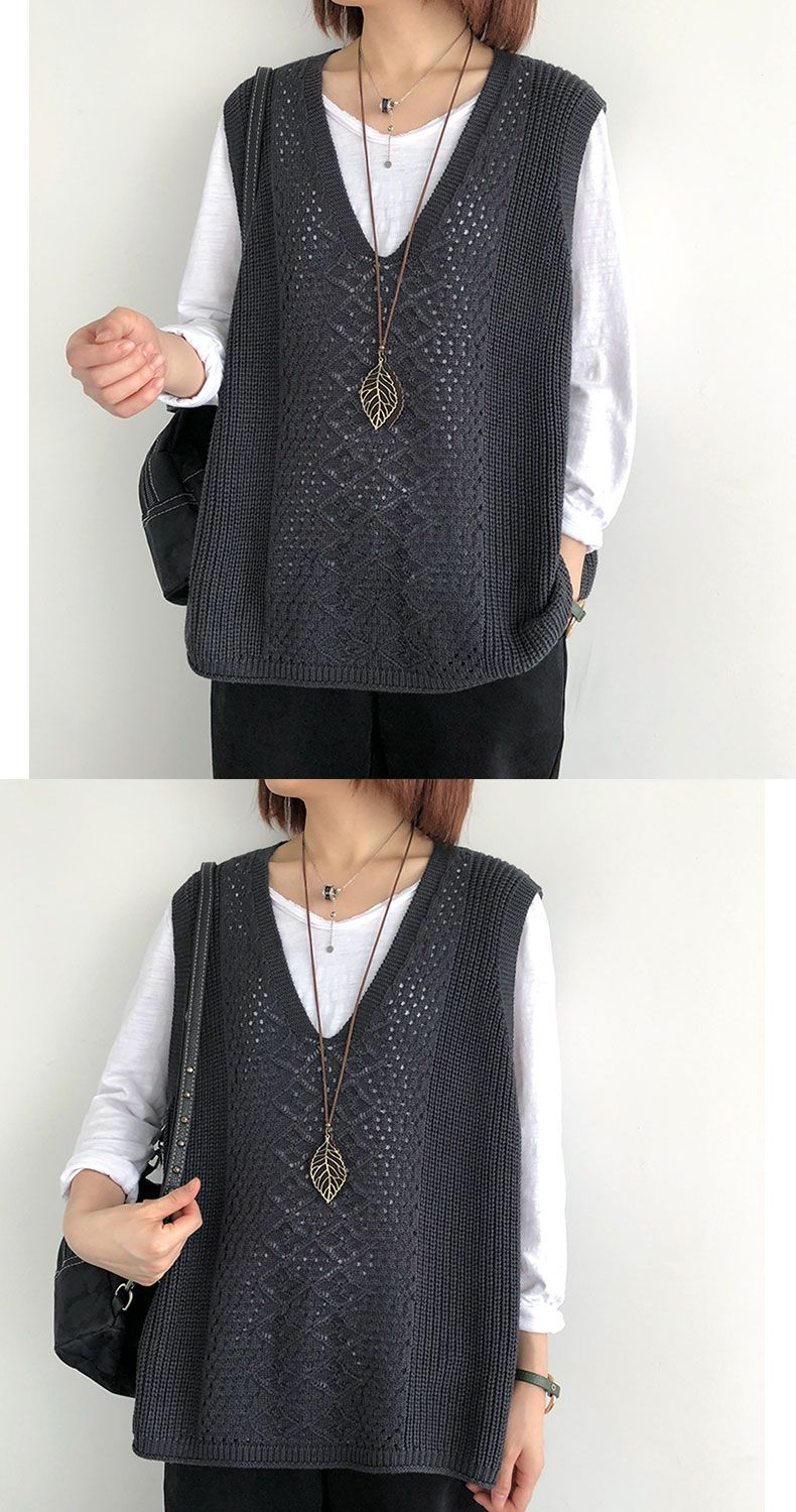 Pull-over rétro à col en V pour femme, collection printemps-été-automne 2025. Coupe ample et fine. Tailles généreuses._voghion.com