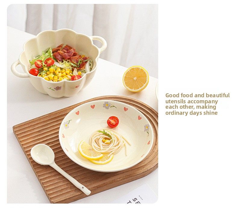 Wisteria Cream Style Ins Set Household Rice Ceramic Plate Double Ear Noodle Large Soup Bowl With Spoon_voghion.com
