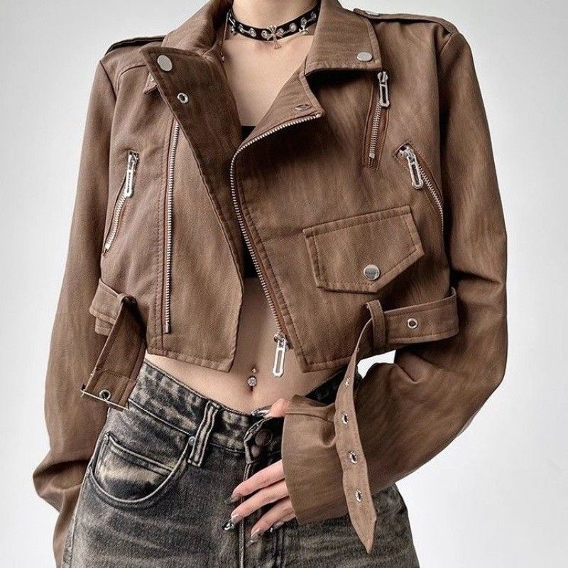 Manteau femme automne élégant sensation haut de gamme 2024 nouvelle veste moto en cuir ample haut court_voghion.com