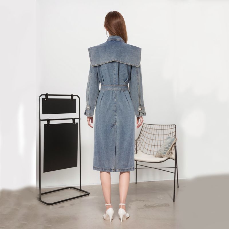 Damen-Jeans-Trenchcoat – Mittellange blaue Jacke mit taillenbetontem Revers (S/M/L/XL)_voghion.com