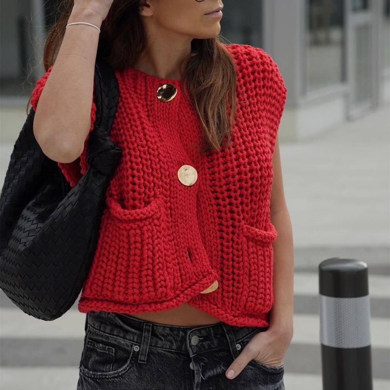 Cardigan senza maniche con scollo a V, tascabile, a tre bottoni, per abbigliamento da donna, autunno e inverno_voghion.com