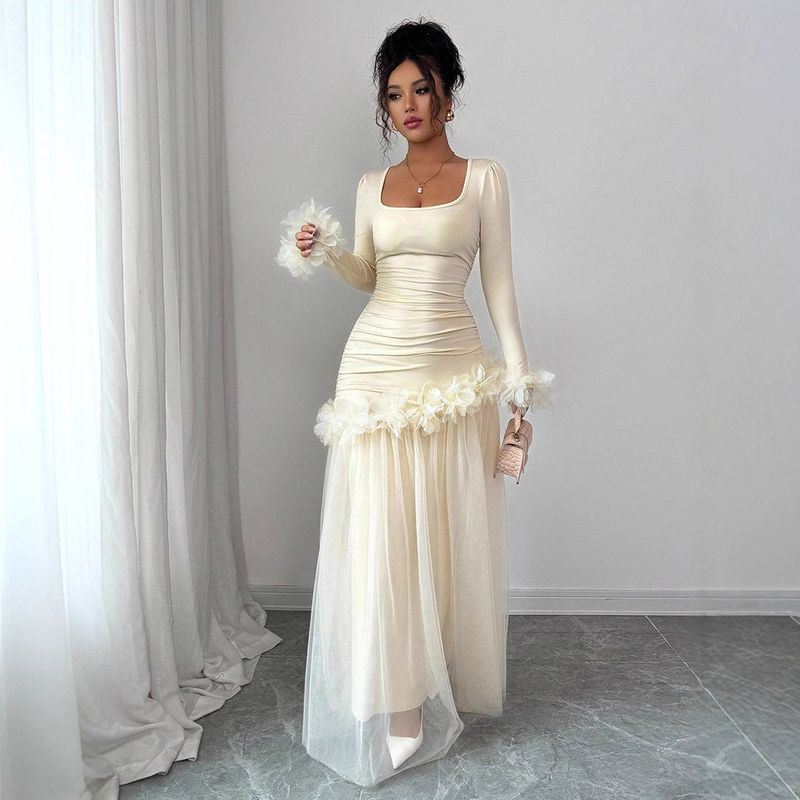 Abito a trapezio a vita alta in rete – Elegante abito a strati trasparente a maniche lunghe con orlo arricciato (S/M/L/XL, misto poliestere-spandex traspirante)_voghion.com