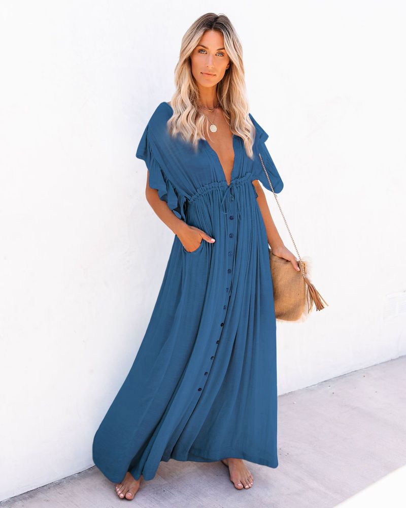 Boho Button Front Cover Up Dress With Belt - Beach Sun Protection Kimono Cardigan For Women_voghion.com