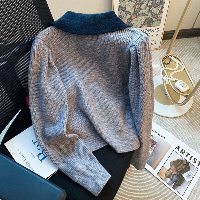 Xiaoxiangfeng Grey Polo Flip Collar, Single Row Buckle, Soft Sticky, Slim Short Sweater for Women Spring and Autumn_voghion.com