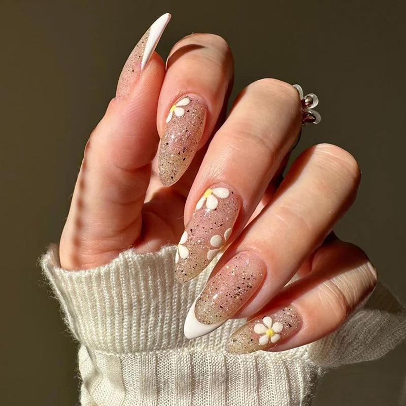 French Glitter 24 pezzi unghie finte a forma di mandorla con colla crema design verde nerastro unghie finte a spillo lunghe P_voghion.com