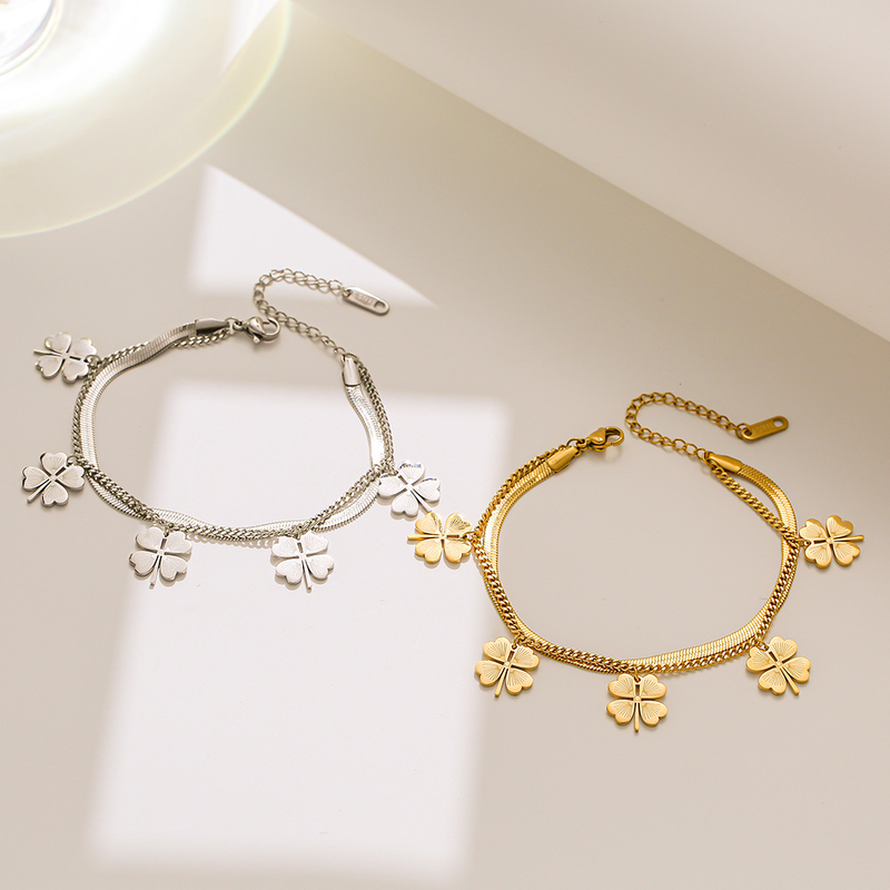 non-fading whole body titanium steel bracelet with ins street personality hip-hop five four-leaf clover snake bone double-layer bracelet_voghion.com
