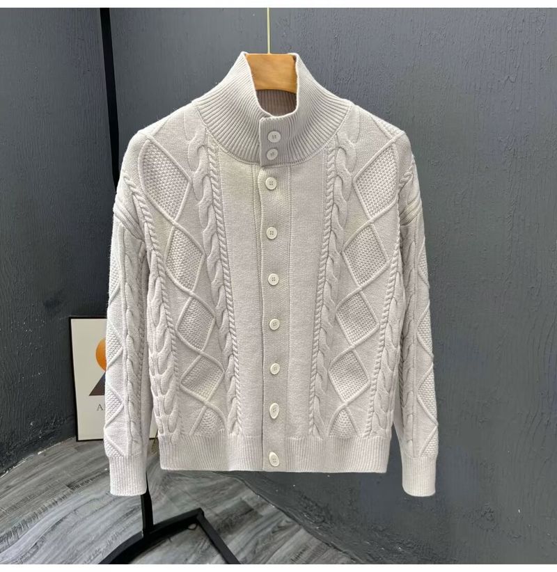 Herrenbekleidung: Gestrickte Jacke mit Knöpfen, Zopfmuster, Cardigan-Pullover – Hochwertiger, leichter Mantel mit offener Vorderseite für Business-Casual- und Winterkleidung_voghion.com