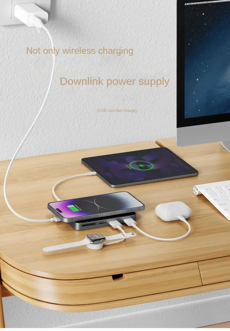 8 az 1-ben USB C Hub 5Gbps C típusú dokkolóállomás 15W vezeték nélküli gyorstöltés TF/SD kártyaolvasó QC/PD tápcsatlakozó telefonhoz és számítógéphez_voghion.com