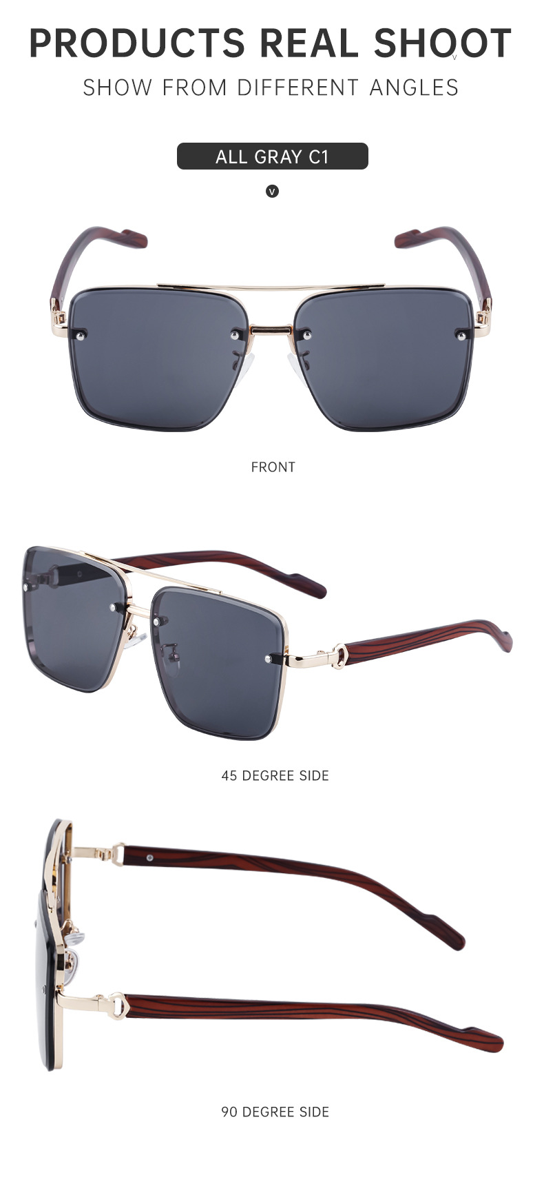 2024 Neue europäische und amerikanische Vintage-Doppelstrahl-Sonnenbrille aus Metall für Herren, Spiegelbeine aus Holzimitat, Anti-Blaulicht-Sonnenbrille für Herren_voghion.com