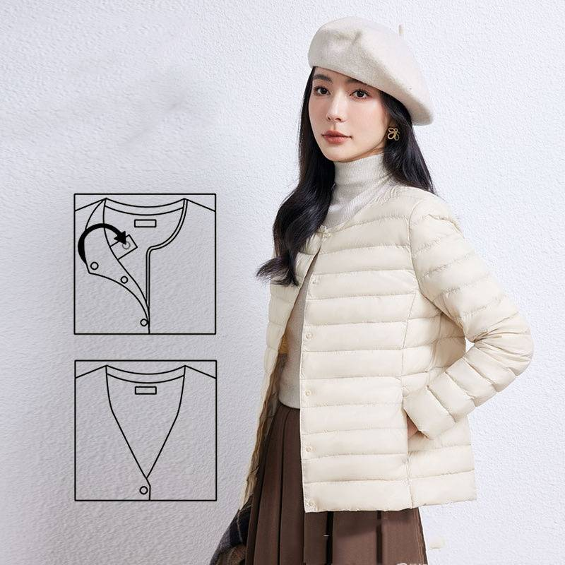 Damenbekleidung dünne Wintermäntel Jacke kurzer Rundhals V-Ausschnitt Langarmfutter einfarbig große Größe einfache Jacke_voghion.com