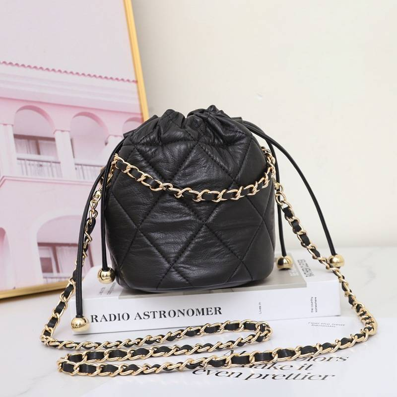 Borsa a secchiello in pelle, borsa piccola, stile piccolo profumo, catena a palline dorate, borsa a tracolla in pelle di mucca 9906_voghion.com
