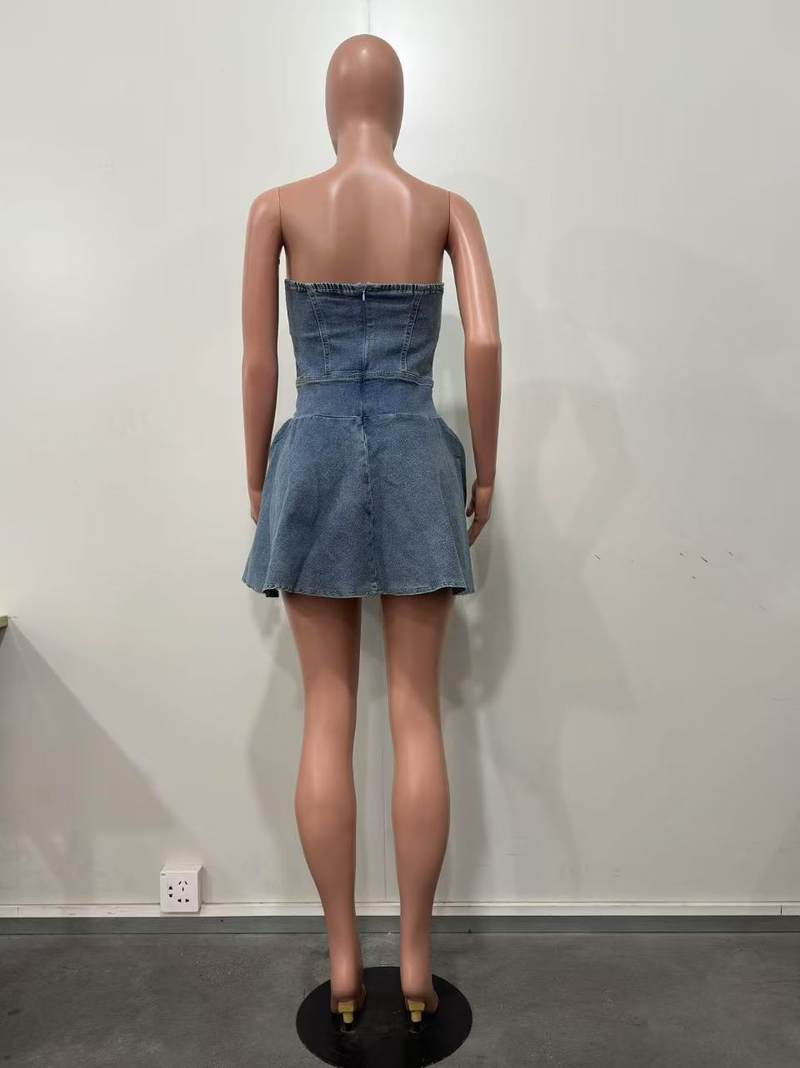 Mini abito a trapezio sexy da ragazza hot in denim senza maniche alla moda transfrontaliera_voghion.com