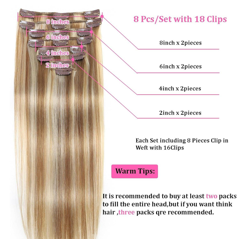 Clip-In-Haarverlängerungen, Echthaar, 61 cm, Helles Aschblond/Bleichblond, Clip-In-Doppelschuss, 100 % Echthaar-Extensions, 8 Stück, 120 g_voghion.com