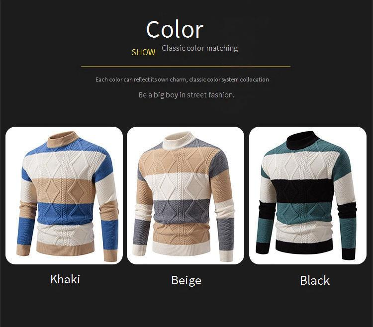 Men's Color-Block Knit Sweater – Oversized Fleece-Lined Pullover (Drop Shoulder, Semi-Turtleneck, Machine Washable, Streetwear & Urban Style)_voghion.com