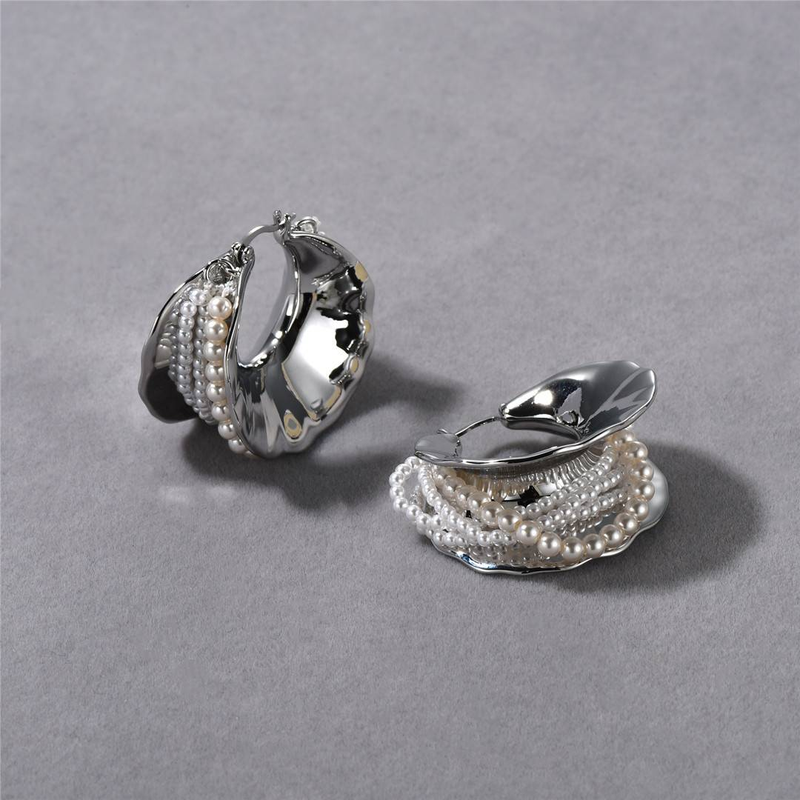Women's Jewelry - Geometric Silver Textured Pearl Hoop Earrings, Minimalist Statement Earrings For Women, Fashionable And Elegant_voghion.com