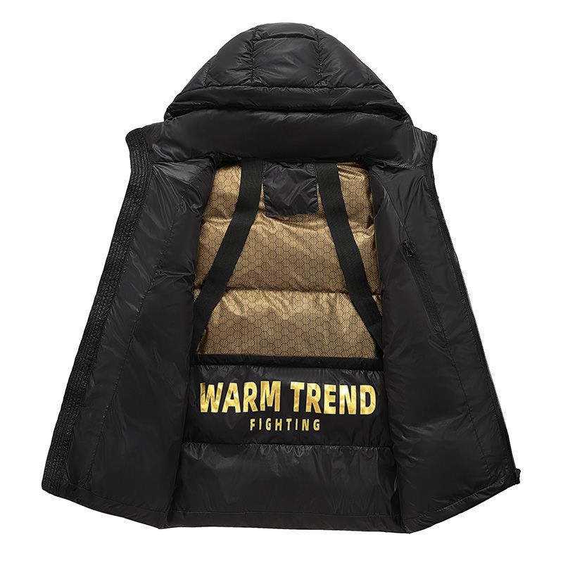 Herren Slim-Fit Cord Pufferjacke – Leichter Wintermantel mit Kapuze und goldenen Nähten (Schwarz/Rot/Blau)_voghion.com