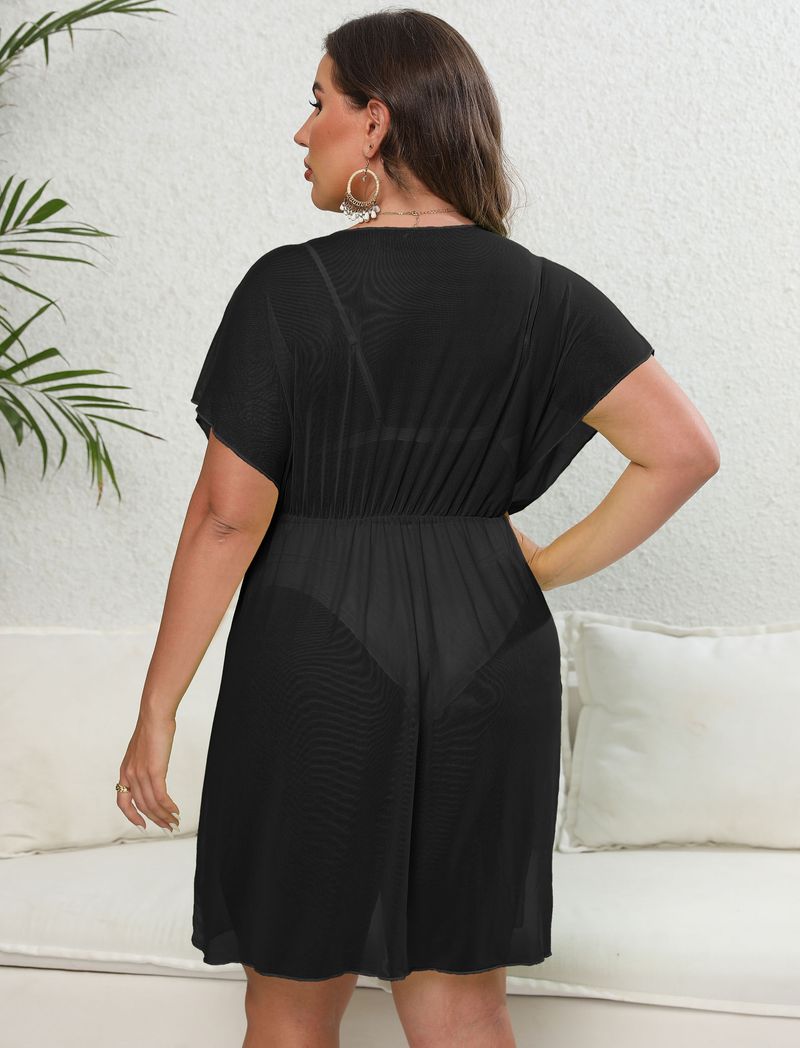 Oversize Women's Sexy Perspective Mesh Skirt Deep V Split Waist Beach Dress_voghion.com