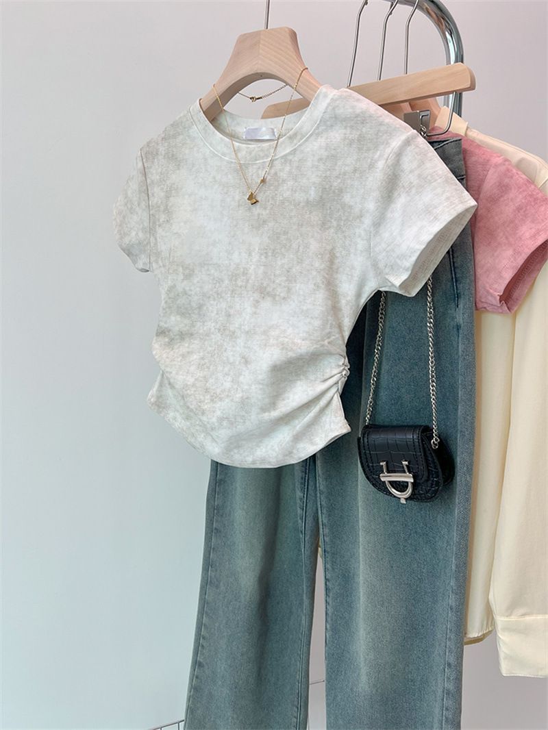 T-shirt court en coton tie-dye uni, style coréen, coupe ajustée, couleur unie froissée, pour femme, collection commerce extérieur._voghion.com