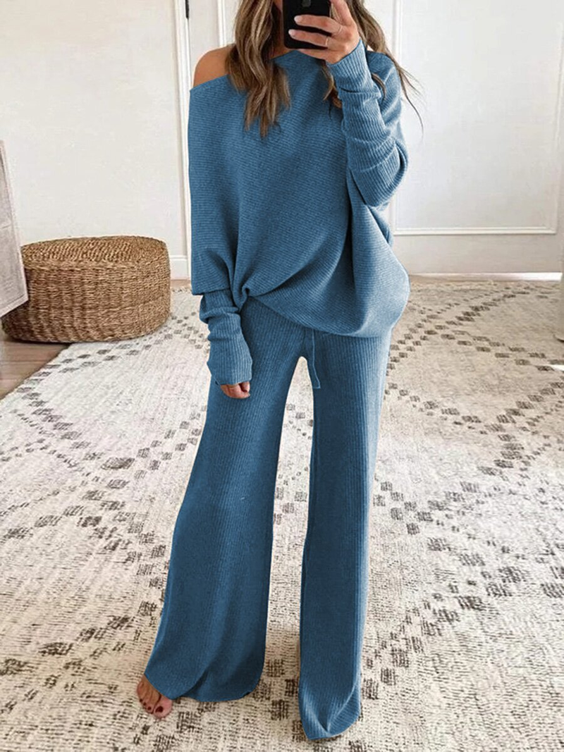 Dameskleding effen kleur ronde hals lange mouwen casual tweedelig pak_voghion.com