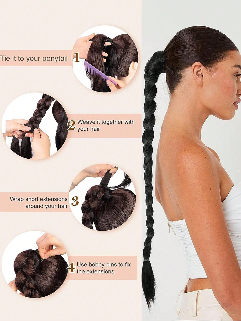 32 tum lång flätad hästsvans med svart rak rem, lämplig för kvinnors dagliga slitage. Syntetisk hög temperatur_voghion.com