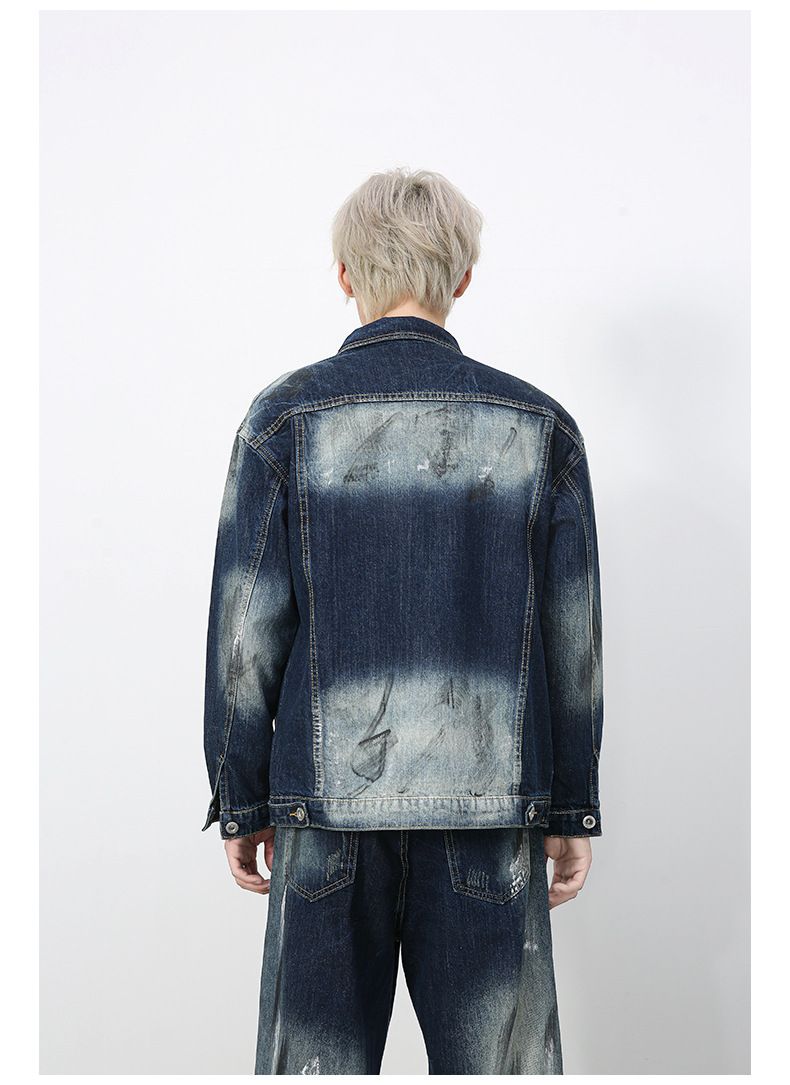Roupas masculinas retrô jeans desgastado jaqueta lavada solta calças retas_voghion.com