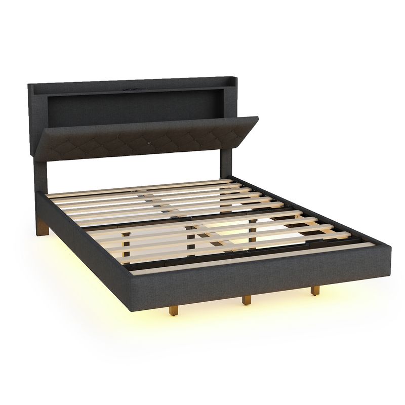 Polsterbett 140x200cm Con USB-Ladefunktion, LED, Leinenstoff Grau_voghion.com
