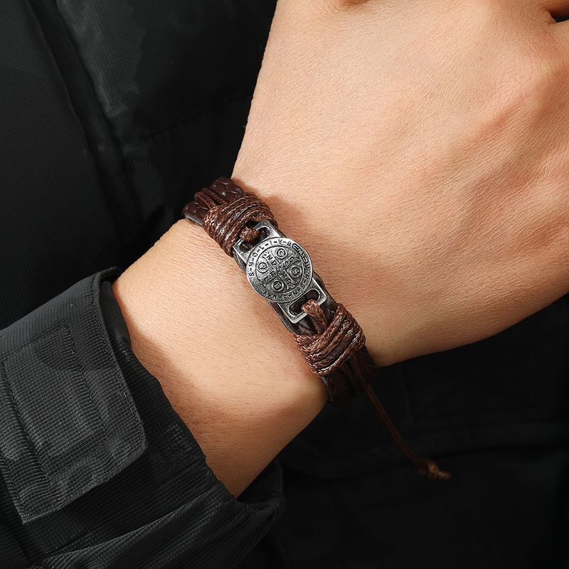 Bracciale retrò da uomo in pelle intrecciata a mano, stile retrò semplice, braccialetto regolabile con coulisse, accessori per braccialetti_voghion.com
