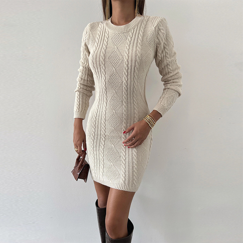 Gonna lunga maglione lavorata a maglia tinta unita a maniche lunghe con fondo scavato alla moda da donna_voghion.com