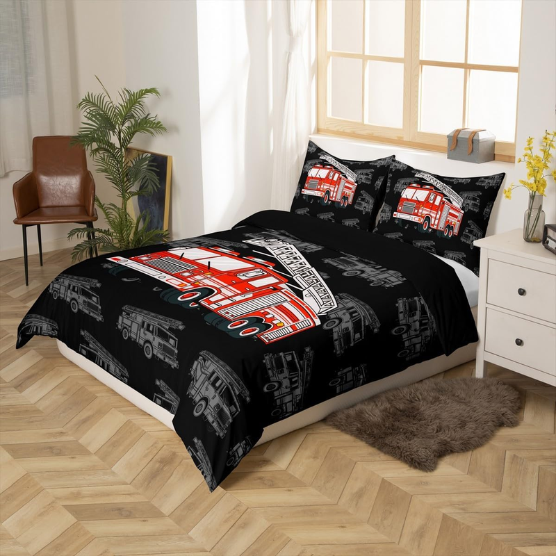 Juego de funda nórdica de camión de bomberos para cuna de niños y adolescentes, juego de cama con diseño de coche de bomberos y 2 fundas de almohada._voghion.com