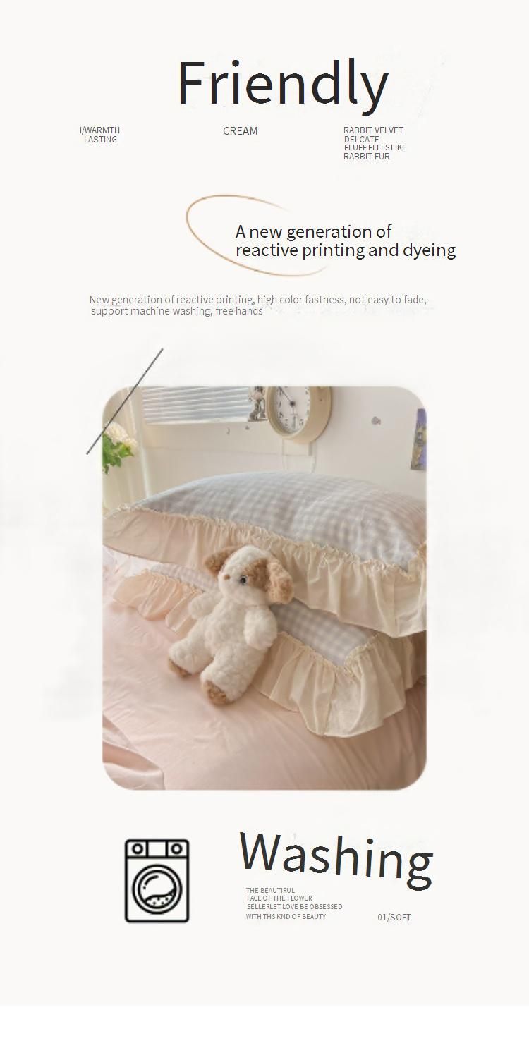 Set di biancheria da letto in stile principessa, morbido e traspirante, in cotone lavato con bordi in pizzo - Elegante design a scacchi con bordi arricciati_voghion.com