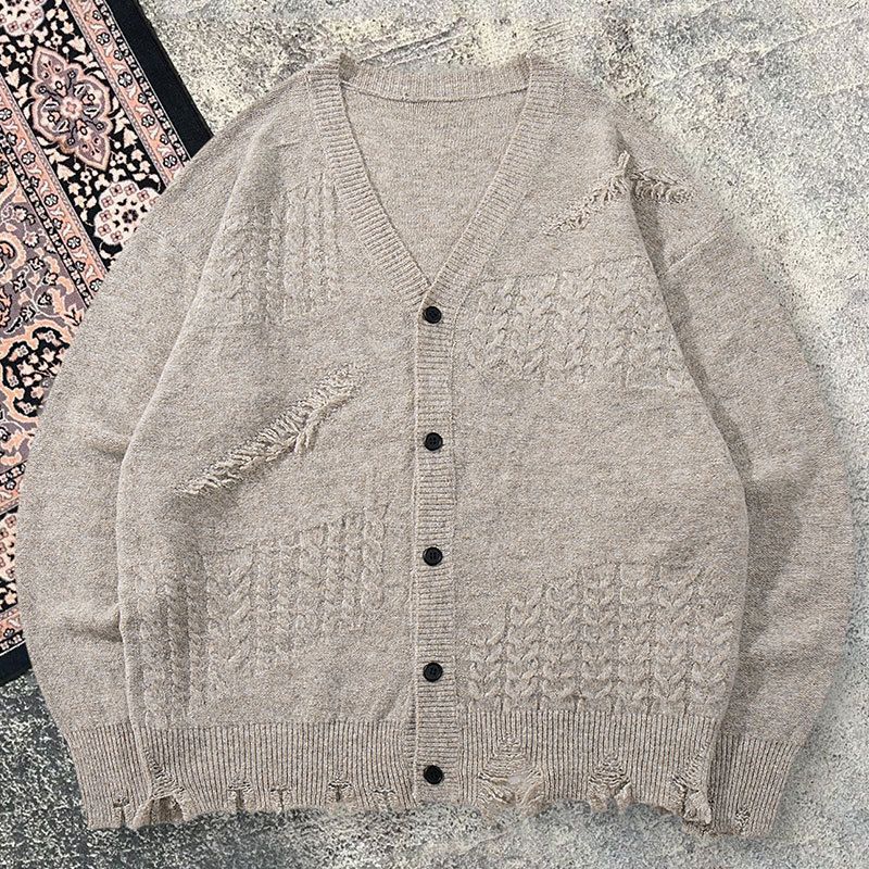 Distressed V-Neck Knit Sweater – Oversized Slouchy Cardigan With Raw Hem (Beige, Unisex)"_voghion.com