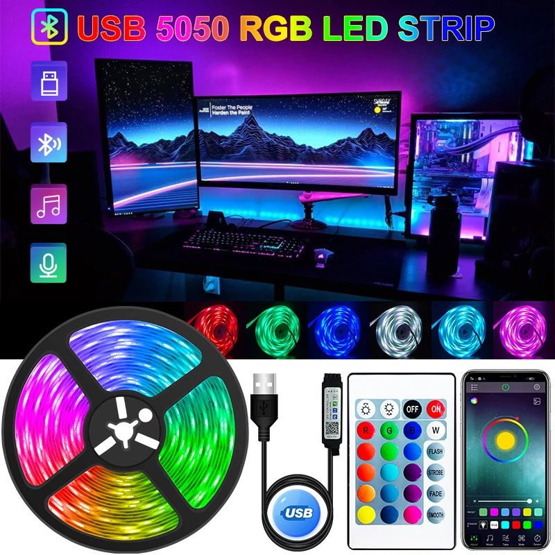Tira de luces LED RGB de 5 V a batería - SMD 3535 con control remoto IR, 16 modos de cambio de color para retroiluminación de TV y decoración DIY (certificación CE)_voghion.com