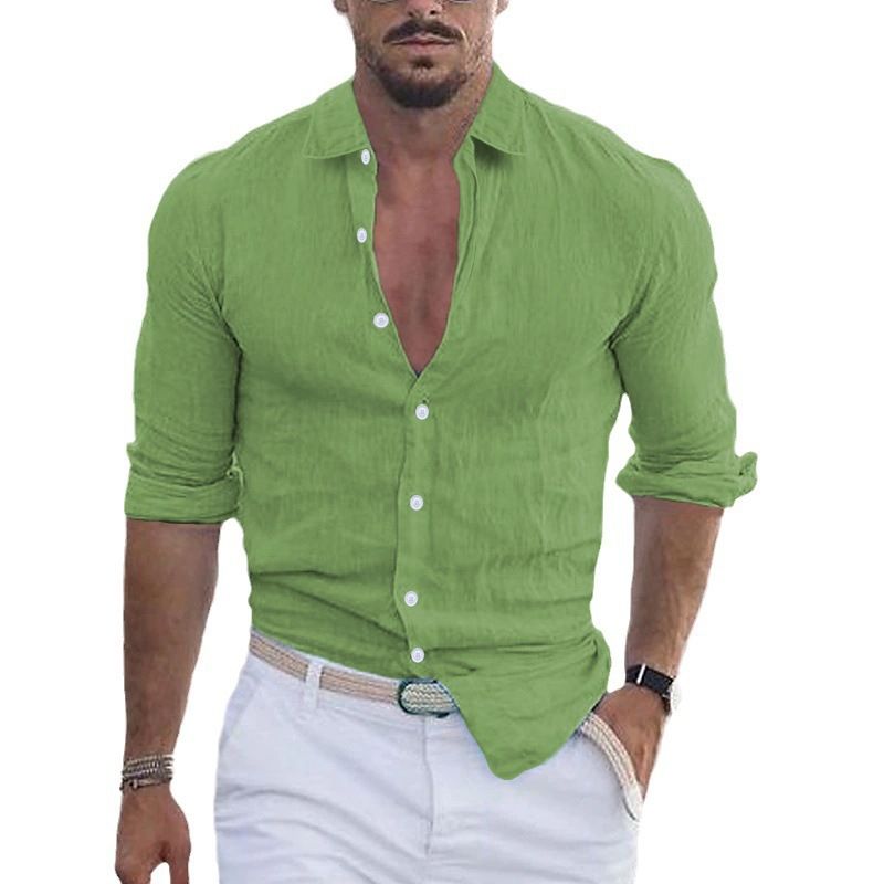 Camicia da spiaggia estiva da uomo in cotone e lino con risvolto, a maniche lunghe, tinta unita, per le vacanze hawaiane_voghion.com