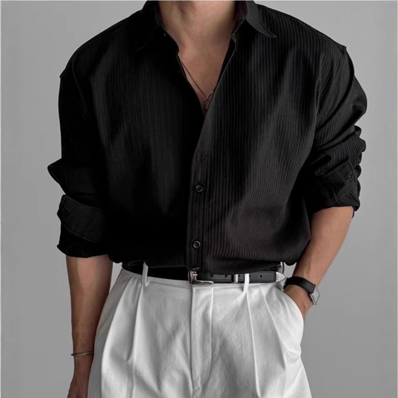 Camicia casual da uomo in stile coreano di alta qualità, a maniche lunghe, tinta unita, stile primavera-autunno, 'Texture'_voghion.com