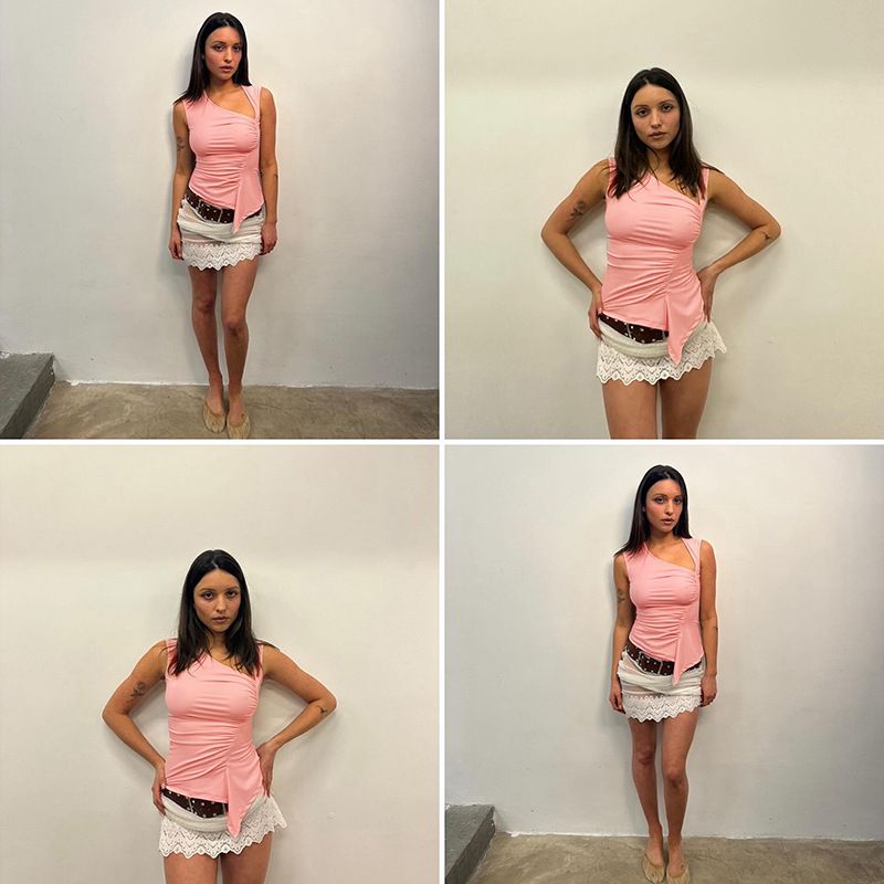 Q24TP352 Women's Summer New Item Solid Color Sleeveless Irregular Sexy Pleated T-shirt Top_voghion.com